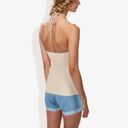 Beige Large Halter Neck Knit Tank Top with Ribbed Design and Stretchy Fit for Casual Summer Wear