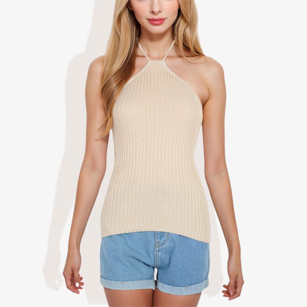 Halter Neck Knit Tank Top with Ribbed Design and Stretchy Fit for Casual Summer Wear