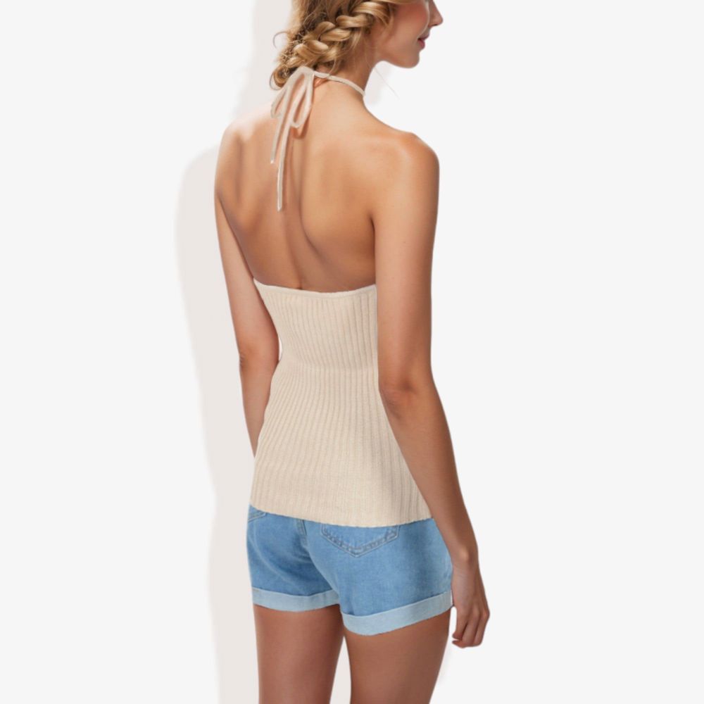 Halter Neck Knit Tank Top with Ribbed Design and Stretchy Fit for Casual Summer Wear