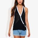 Black Large Halter Neck Knit Tank Top with V-Neck Wrap Design and Side Tie Detail Casual Summer Top