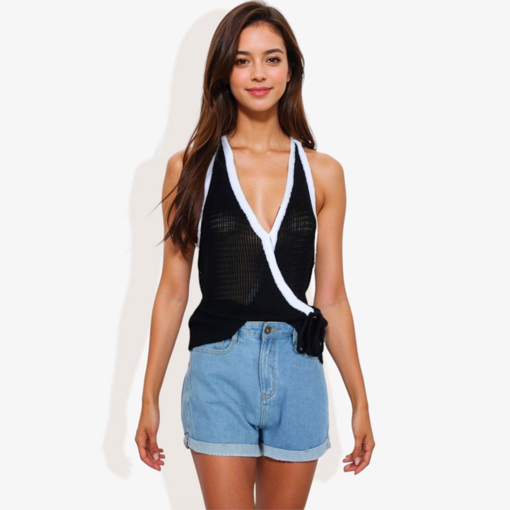 Halter Neck Knit Tank Top with V-Neck Wrap Design and Side Tie Detail Casual Summer Top