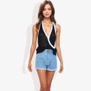 Black Large Halter Neck Knit Tank Top with V-Neck Wrap Design and Side Tie Detail Casual Summer Top