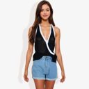 Black Medium Halter Neck Knit Tank Top with V-Neck Wrap Design and Side Tie Detail Casual Summer Top