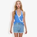 Blue Large Halter Neck Knit Tank Top with V-Neck Wrap Design and Side Tie Detail Casual Summer Top