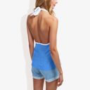 Blue Large Halter Neck Knit Tank Top with V-Neck Wrap Design and Side Tie Detail Casual Summer Top