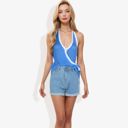 Blue Large Halter Neck Knit Tank Top with V-Neck Wrap Design and Side Tie Detail Casual Summer Top