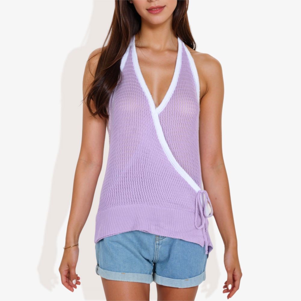 Halter Neck Knit Tank Top with V-Neck Wrap Design and Side Tie Detail Casual Summer Top