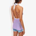 Purple Large Halter Neck Knit Tank Top with V-Neck Wrap Design and Side Tie Detail Casual Summer Top