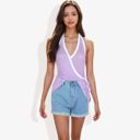 Purple Large Halter Neck Knit Tank Top with V-Neck Wrap Design and Side Tie Detail Casual Summer Top