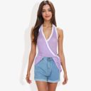 Purple Large Halter Neck Knit Tank Top with V-Neck Wrap Design and Side Tie Detail Casual Summer Top