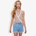 Beige Medium Halter Neck Knit Tank Top with V-Neck Wrap Design and Side Tie Detail Casual Summer Top