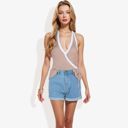 Beige Medium Halter Neck Knit Tank Top with V-Neck Wrap Design and Side Tie Detail Casual Summer Top