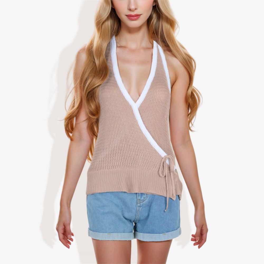 Halter Neck Knit Tank Top with V-Neck Wrap Design and Side Tie Detail Casual Summer Top