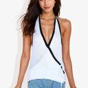 White Medium Halter Neck Knit Tank Top with V-Neck Wrap Design and Side Tie Detail Casual Summer Top