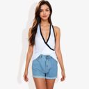 White Medium Halter Neck Knit Tank Top with V-Neck Wrap Design and Side Tie Detail Casual Summer Top