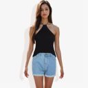 Black Large Ribbed Halter Neck Tank Top with Slim Fit and Comfortable Stretch for Casual Summer Outfits