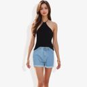 Black Large Ribbed Halter Neck Tank Top with Slim Fit and Comfortable Stretch for Casual Summer Outfits