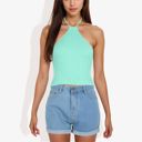 Green Large Ribbed Halter Neck Tank Top with Slim Fit and Comfortable Stretch for Casual Summer Outfits