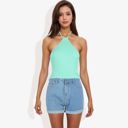 Green Large Ribbed Halter Neck Tank Top with Slim Fit and Comfortable Stretch for Casual Summer Outfits