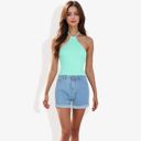 Green Large Ribbed Halter Neck Tank Top with Slim Fit and Comfortable Stretch for Casual Summer Outfits