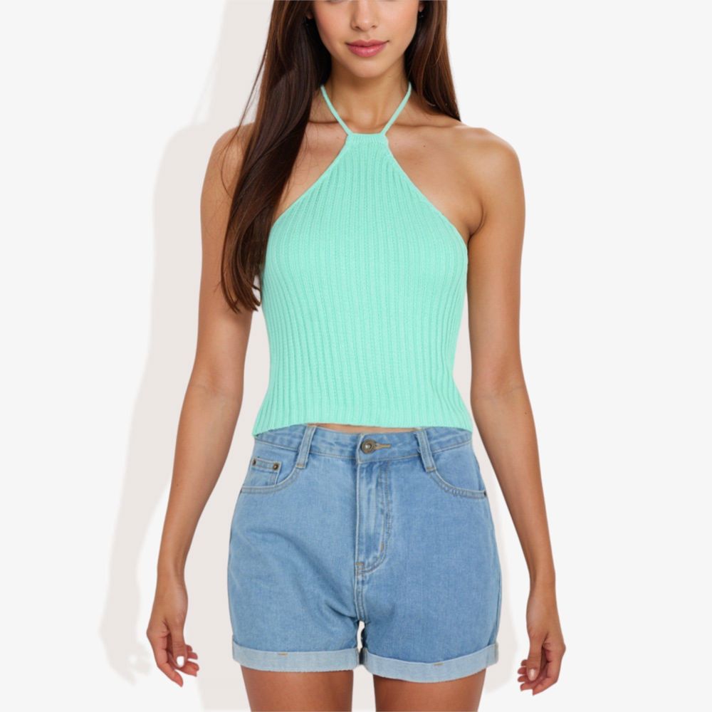 Ribbed Halter Neck Tank Top with Slim Fit and Comfortable Stretch for Casual Summer Outfits