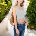 Gray Large Ribbed Knit Crop Top with V-Neck and Eyelet Detailing