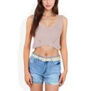 Pink Large Ribbed Knit Crop Top with V-Neck and Eyelet Detailing