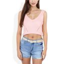 Pink Large Ribbed Knit Crop Top with V-Neck and Eyelet Detailing