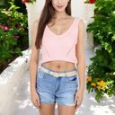 Pink Large Ribbed Knit Crop Top with V-Neck and Eyelet Detailing