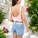 Pink Small Ribbed Knit Crop Top with V-Neck and Eyelet Detailing