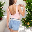 Pink Small Ribbed Knit Crop Top with V-Neck and Eyelet Detailing