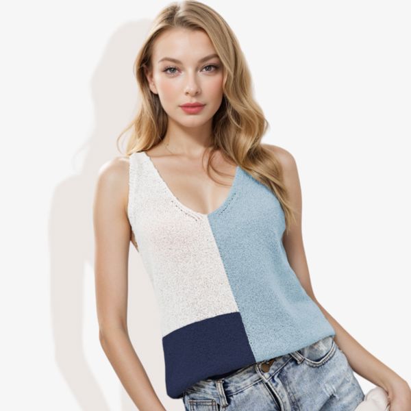 V-Neck Color Block Sleeveless Sweater Top Lightweight Knit Design Ideal for Layering or Wearing Alone