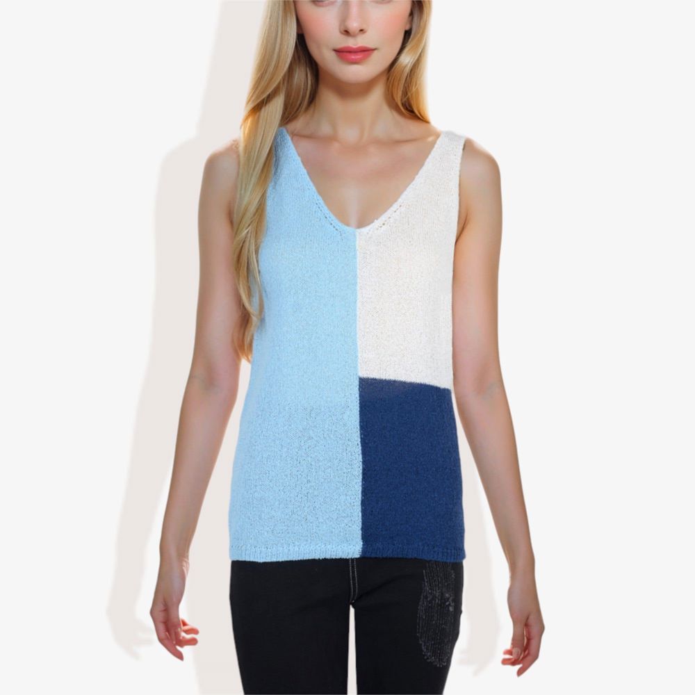 V-Neck Color Block Sleeveless Sweater Top Lightweight Knit Design Ideal for Layering or Wearing Alone