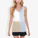 Gray Large V-Neck Color Block Sleeveless Sweater Top Lightweight Knit Design Ideal for Layering or Wearing Alone