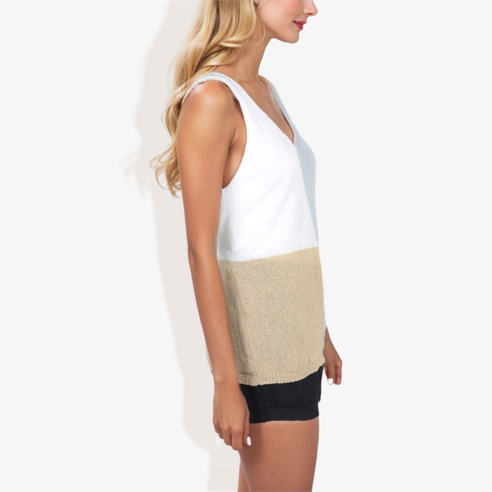 V-Neck Color Block Sleeveless Sweater Top Lightweight Knit Design Ideal for Layering or Wearing Alone