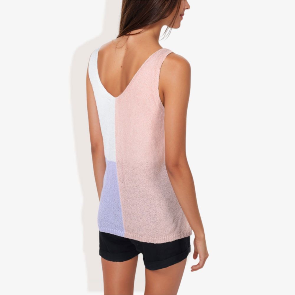 V-Neck Color Block Sleeveless Sweater Top Lightweight Knit Design Ideal for Layering or Wearing Alone