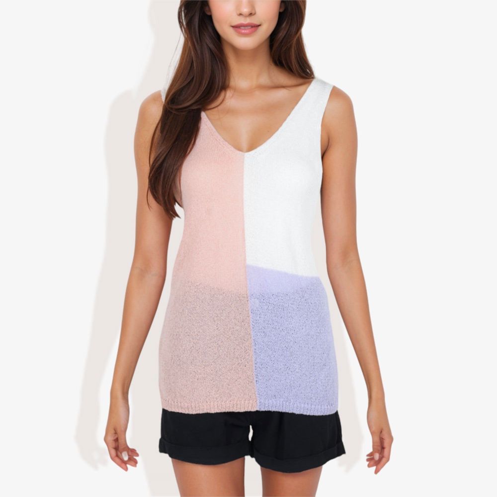 V-Neck Color Block Sleeveless Sweater Top Lightweight Knit Design Ideal for Layering or Wearing Alone