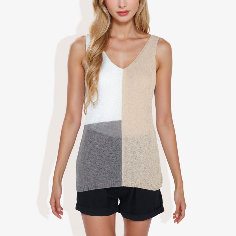 V-Neck Color Block Sleeveless Sweater Top Lightweight Knit Design Ideal for Layering or Wearing Alone