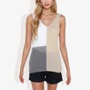 Beige Large V-Neck Color Block Sleeveless Sweater Top Lightweight Knit Design Ideal for Layering or Wearing Alone