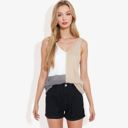 Beige Medium V-Neck Color Block Sleeveless Sweater Top Lightweight Knit Design Ideal for Layering or Wearing Alone