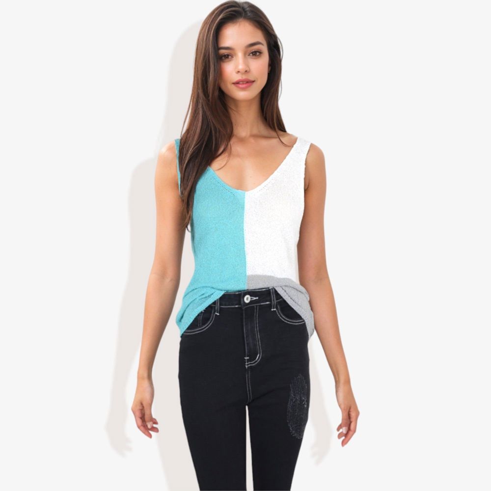 V-Neck Color Block Sleeveless Sweater Top Lightweight Knit Design Ideal for Layering or Wearing Alone