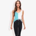 Green Medium V-Neck Color Block Sleeveless Sweater Top Lightweight Knit Design Ideal for Layering or Wearing Alone