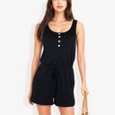 Black Large Sleeveless Button Front Drawstring Romper With Pockets