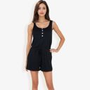 Black Large Sleeveless Button Front Drawstring Romper With Pockets