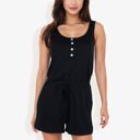 Black Large Sleeveless Button Front Drawstring Romper With Pockets