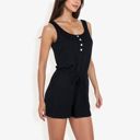 Black Large Sleeveless Button Front Drawstring Romper With Pockets