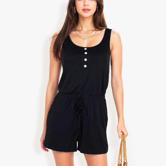 Sleeveless Button Front Drawstring Romper With Pockets