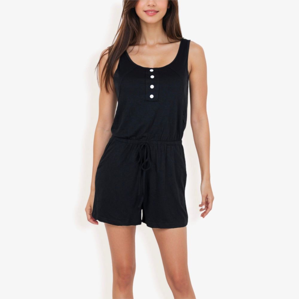 Sleeveless Button Front Drawstring Romper With Pockets