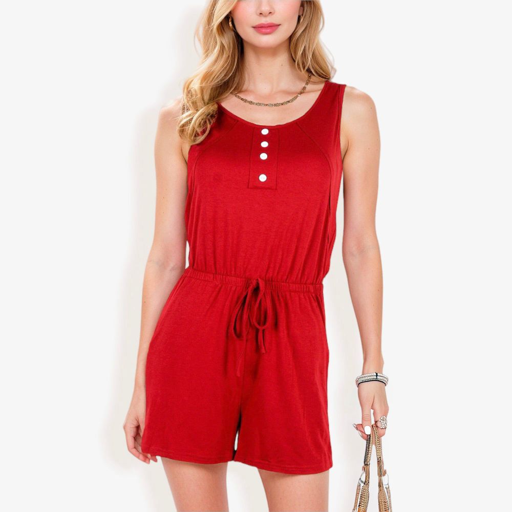 Sleeveless Button Front Drawstring Romper With Pockets