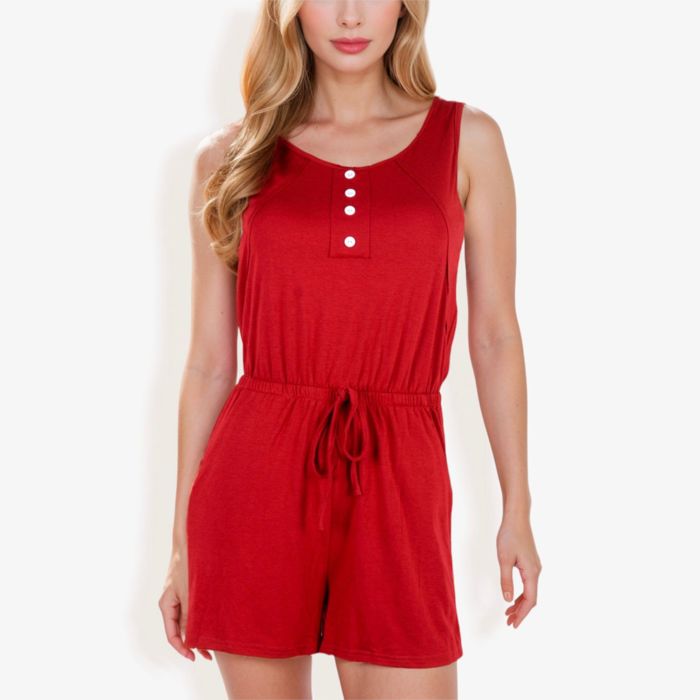 Sleeveless Button Front Drawstring Romper With Pockets